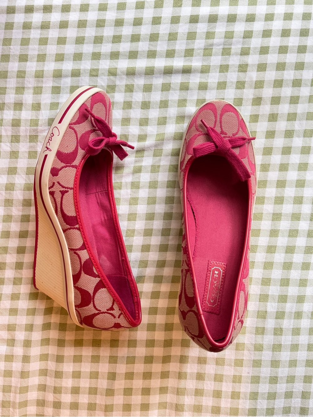 Coach Pink Signature Canvas Bow Wedge Shoes